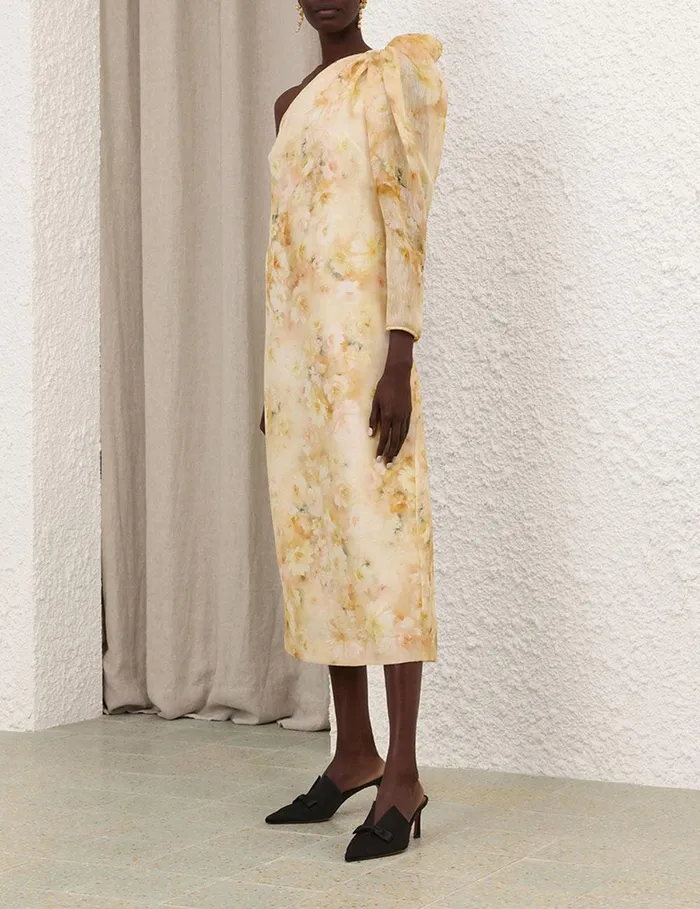Women Dresses Zimmermann Crush Asymmetrical Midi Dress Yellow Floral