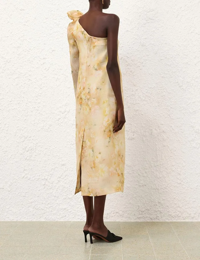 Women Dresses Zimmermann Crush Asymmetrical Midi Dress Yellow Floral