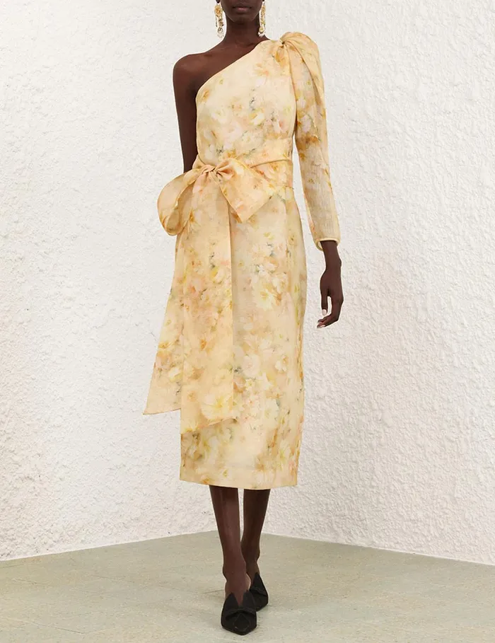 Women Dresses Zimmermann Crush Asymmetrical Midi Dress Yellow Floral