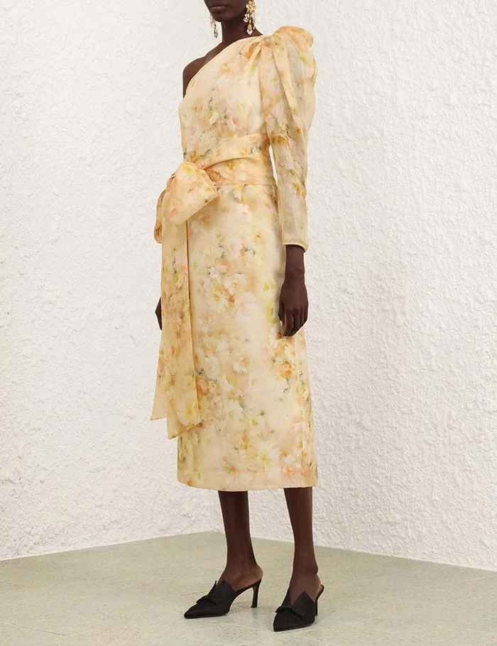 Women Dresses Zimmermann Crush Asymmetrical Midi Dress Yellow Floral