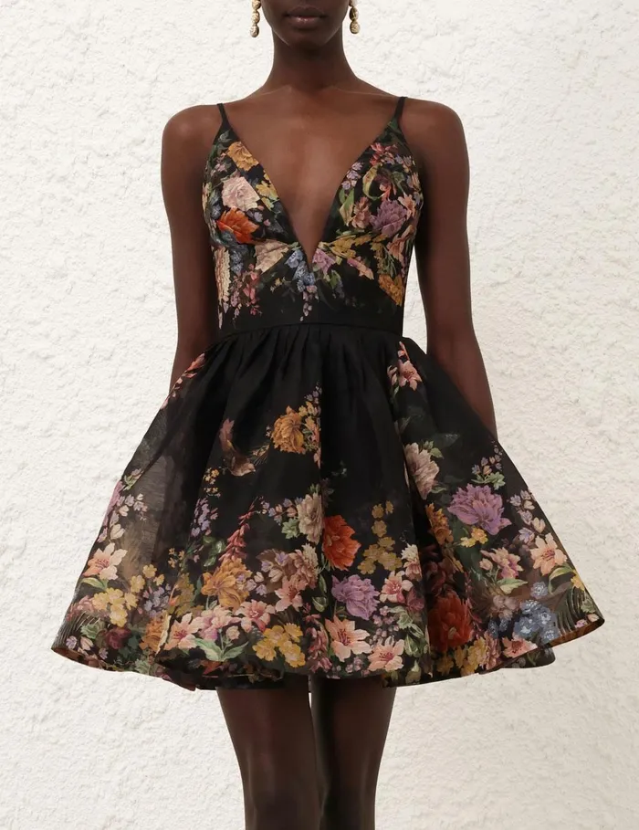 Women Dresses Zimmermann Pavilion V Neck Mini Dress Black Multi Floral