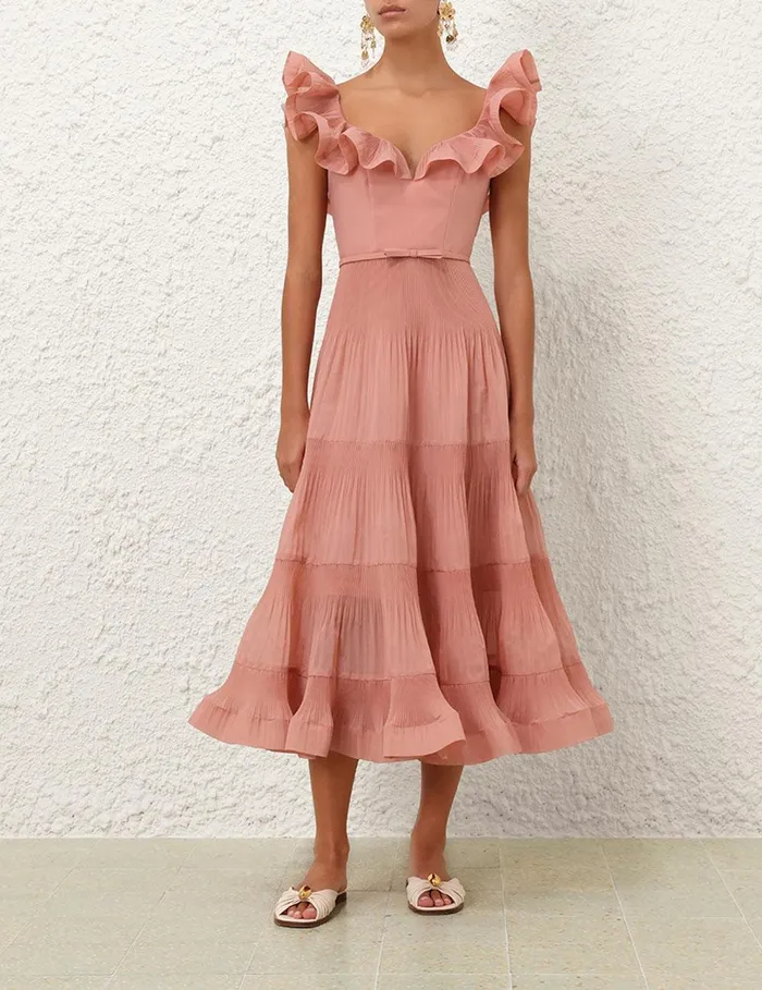 Women Dresses Zimmermann Pleated Frill Midi Dress Lipstick