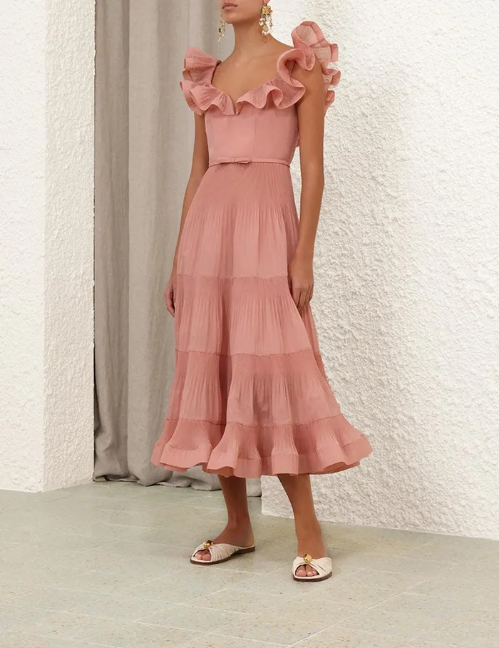 Women Dresses Zimmermann Pleated Frill Midi Dress Lipstick