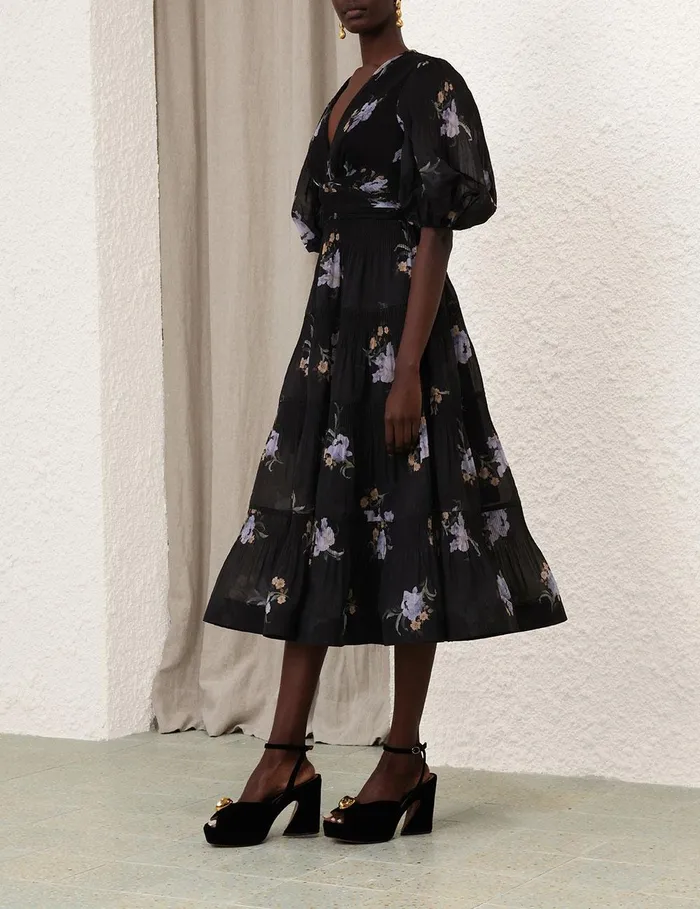 Women Dresses Zimmermann Pleated Midi Dress Black Iris Floral