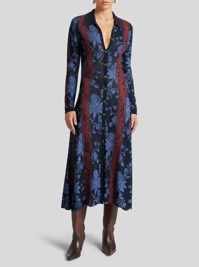 Women Etro Dresses Maxi Cardigan With Floral Jacquard Motif Navy Blue Women Etro Dresses Maxi Cardigan With Floral Jacquard Motif Navy Blue