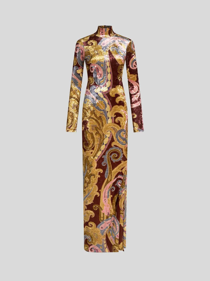 Women Etro Dresses Printed Chenille Dress Burgundy