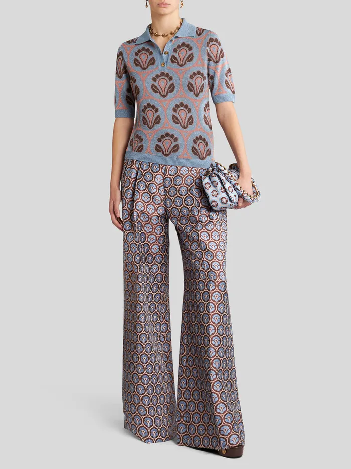 Women Etro Knitwear Knit Jacquard Polo Shirt Light Blue Women Etro Knitwear Knit Jacquard Polo Shirt Light Blue