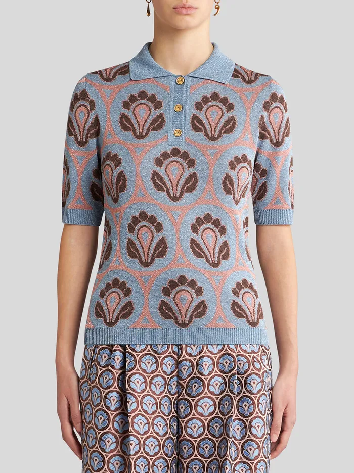Women Etro Knitwear Knit Jacquard Polo Shirt Light Blue Women Etro Knitwear Knit Jacquard Polo Shirt Light Blue