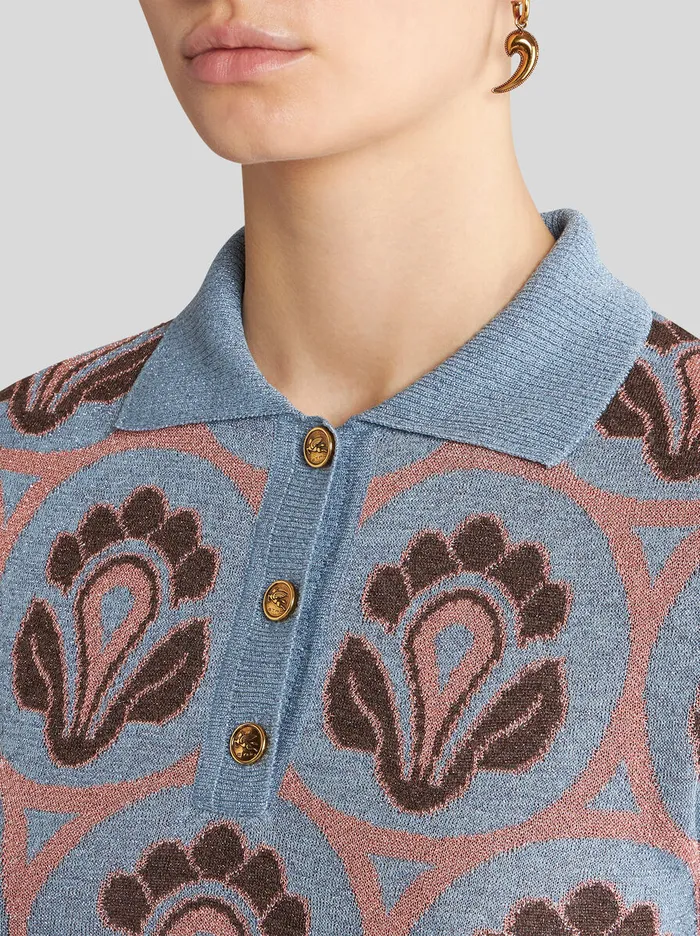 Women Etro Knitwear Knit Jacquard Polo Shirt Light Blue Women Etro Knitwear Knit Jacquard Polo Shirt Light Blue