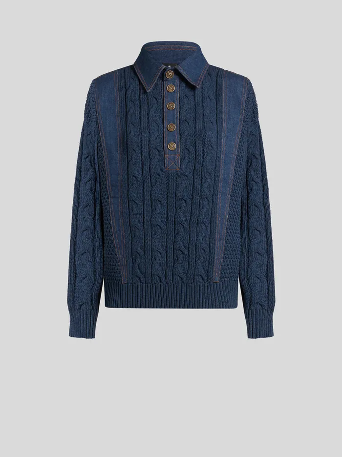 Women Etro Knitwear Knit Polo Shirt With Denim Inserts Navy Blue