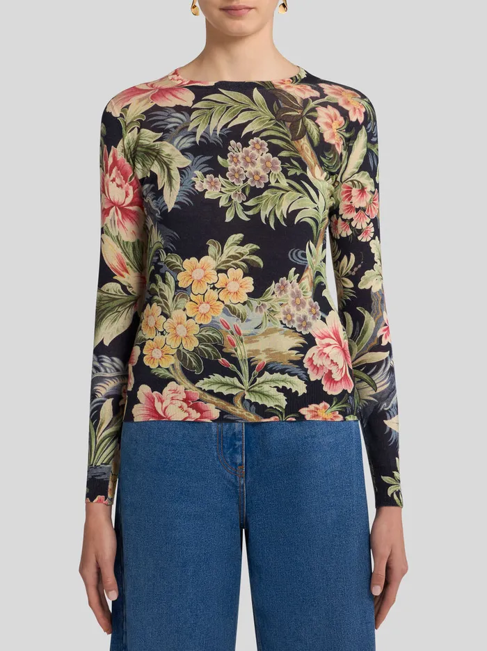Women Etro Knitwear Printed Cashmere And Silk Sweater Navy Blue Women Etro Knitwear Printed Cashmere And Silk Sweater Navy Blue
