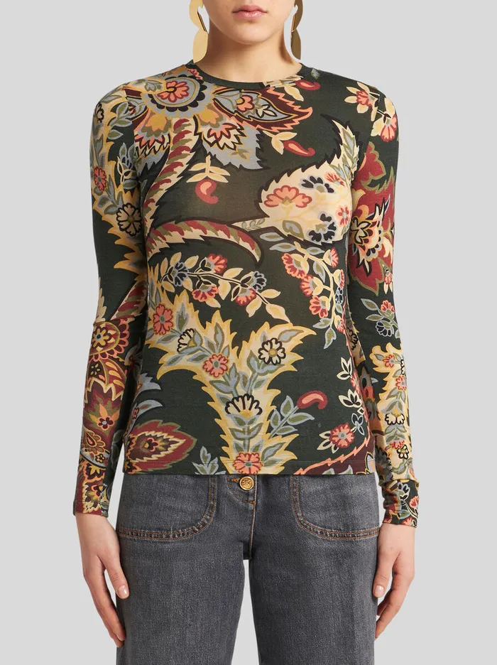 Women Etro Tops Paisley Jersey Top Dark Green Women Etro Tops Paisley Jersey Top Dark Green