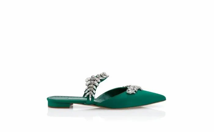 Women Green Satin Crystal Embellished Flat Mules Manolo Blahnik Flats