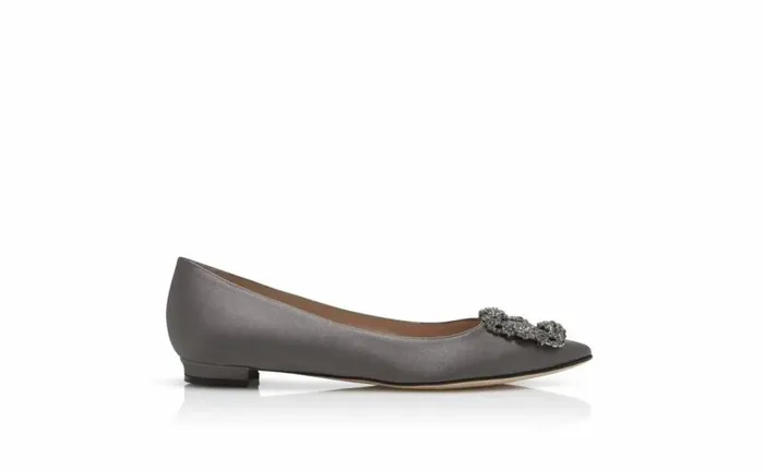 Women Grey Satin Jewel Buckle Flat Pumps Manolo Blahnik Flats