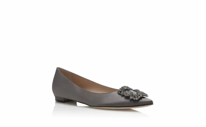 Women Grey Satin Jewel Buckle Flat Pumps Manolo Blahnik Flats