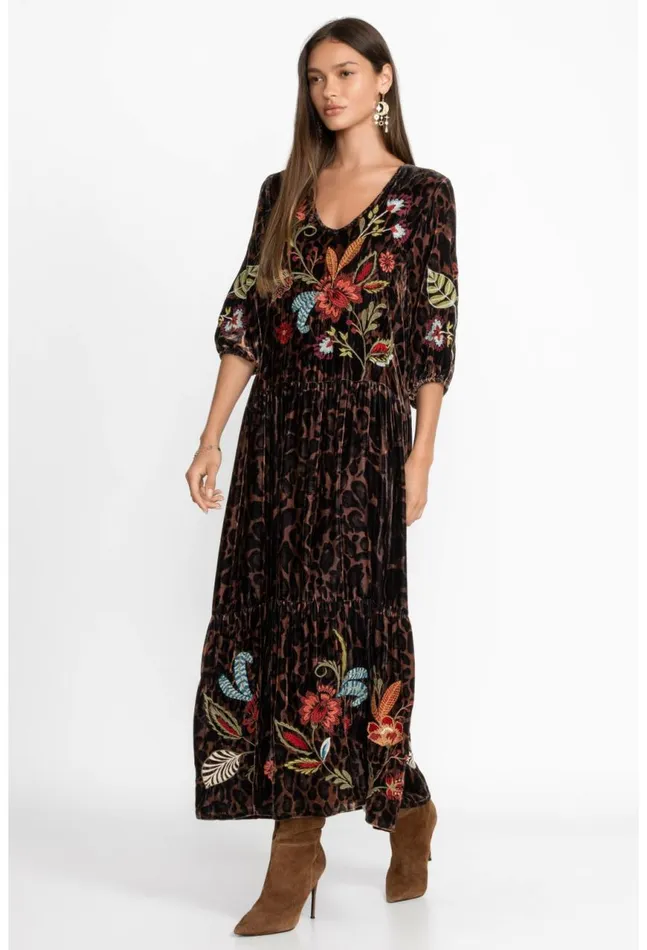Women Isabella Velvet Tiered Dress French Leopard Johnny Was Dresses