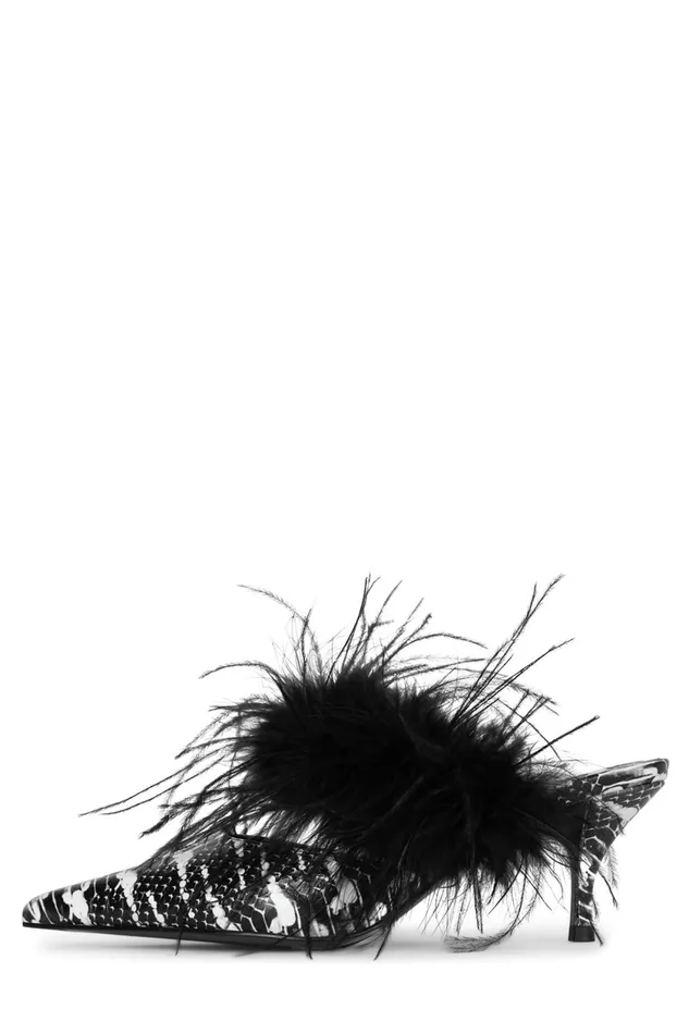 Women Jeffrey Campbell Mule FEATHERING Black White Snake