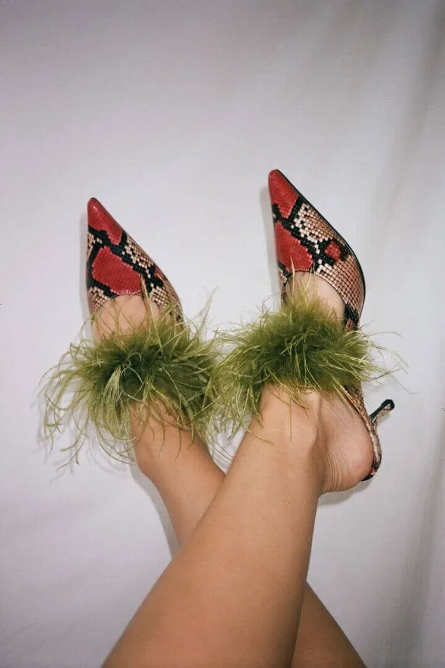 Women Jeffrey Campbell Mule FEATHERING Black White Snake