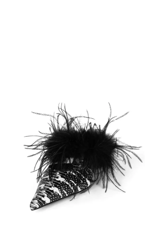 Women Jeffrey Campbell Mule FEATHERING Black White Snake