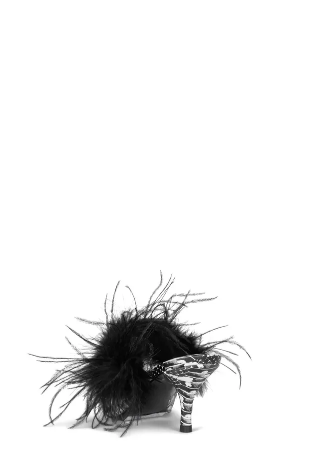 Women Jeffrey Campbell Mule FEATHERING Black White Snake