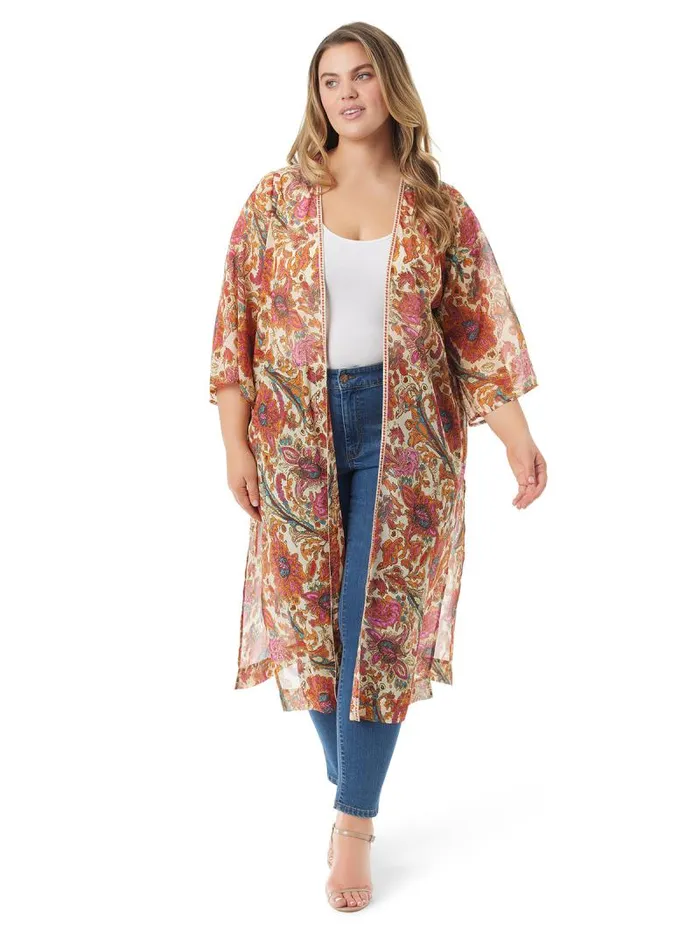 Women Jessica Simpson Tops and Tees Calie Kimono In Apricot Sherbet Paisley