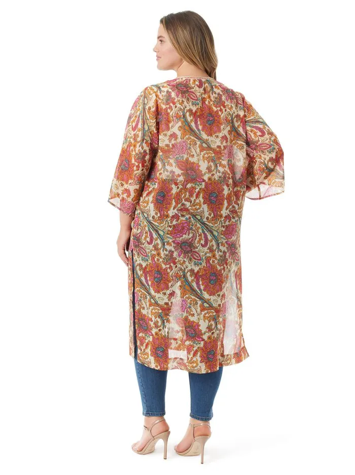 Women Jessica Simpson Tops and Tees Calie Kimono In Apricot Sherbet Paisley