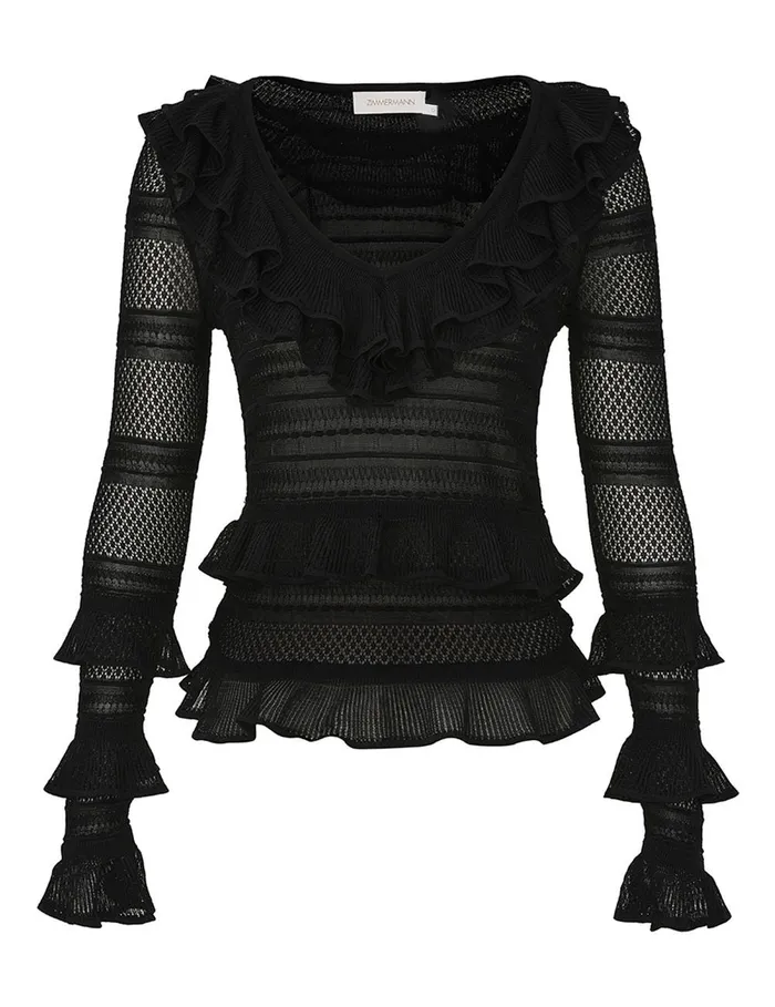 Women Knitwear Zimmermann Crush Frilled VNeck Top Black