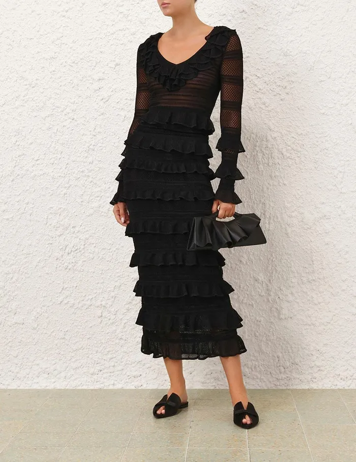 Women Knitwear Zimmermann Crush Frilled VNeck Top Black