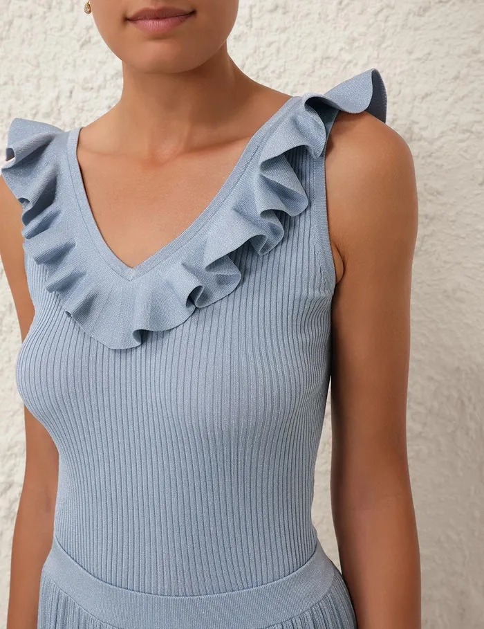 Women Knitwear Zimmermann Waverly Frill VNeck Top Blue Lurex