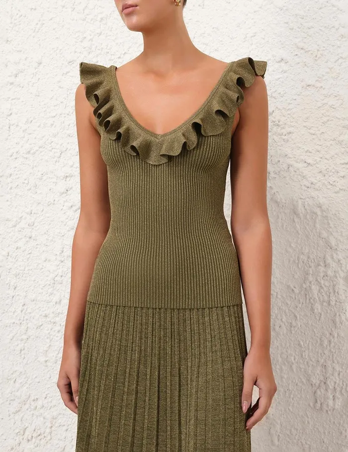 Women Knitwear Zimmermann Wylie Frill VNeck Top Dusty Olivegold