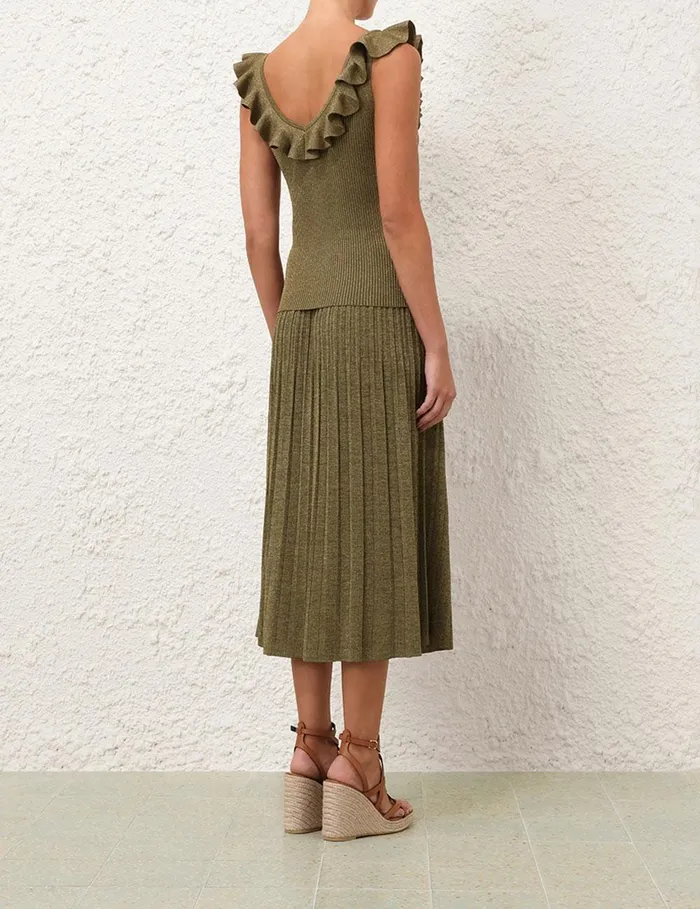 Women Knitwear Zimmermann Wylie Frill VNeck Top Dusty Olivegold