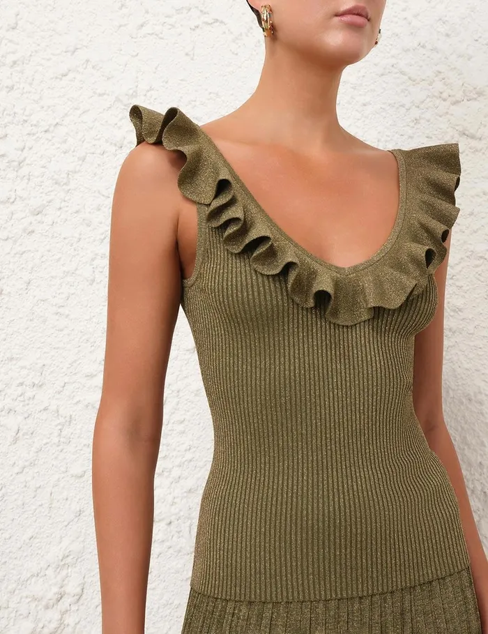 Women Knitwear Zimmermann Wylie Frill VNeck Top Dusty Olivegold