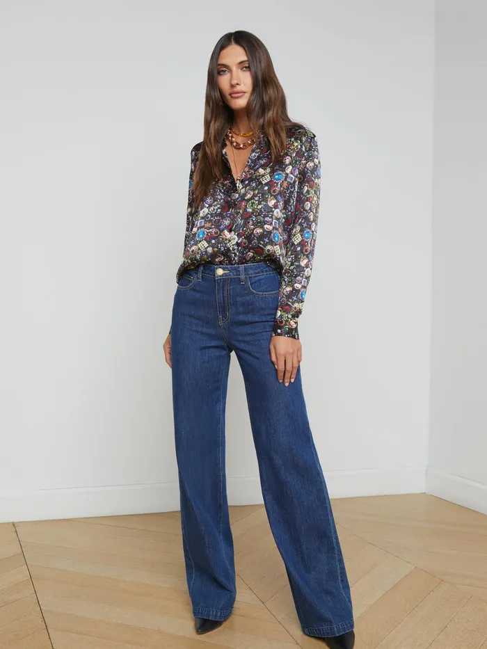 Women L039Agence Blouses and Tops Tyler Silk Blouse Black Multi Vintage Jewels Women L039Agence Blouses and Tops Tyler Silk Blouse Black Multi Vintage Jewels