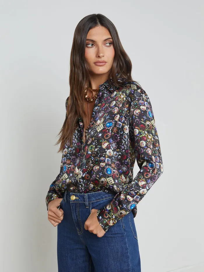 Women L039Agence Blouses and Tops Tyler Silk Blouse Black Multi Vintage Jewels Women L039Agence Blouses and Tops Tyler Silk Blouse Black Multi Vintage Jewels