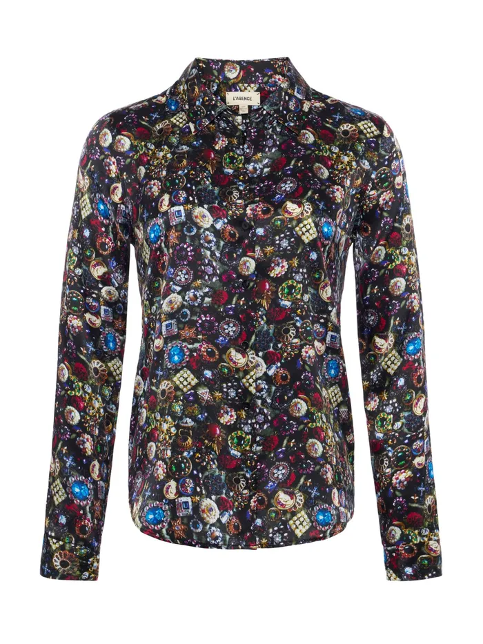 Women L039Agence Blouses and Tops Tyler Silk Blouse Black Multi Vintage Jewels Women L039Agence Blouses and Tops Tyler Silk Blouse Black Multi Vintage Jewels