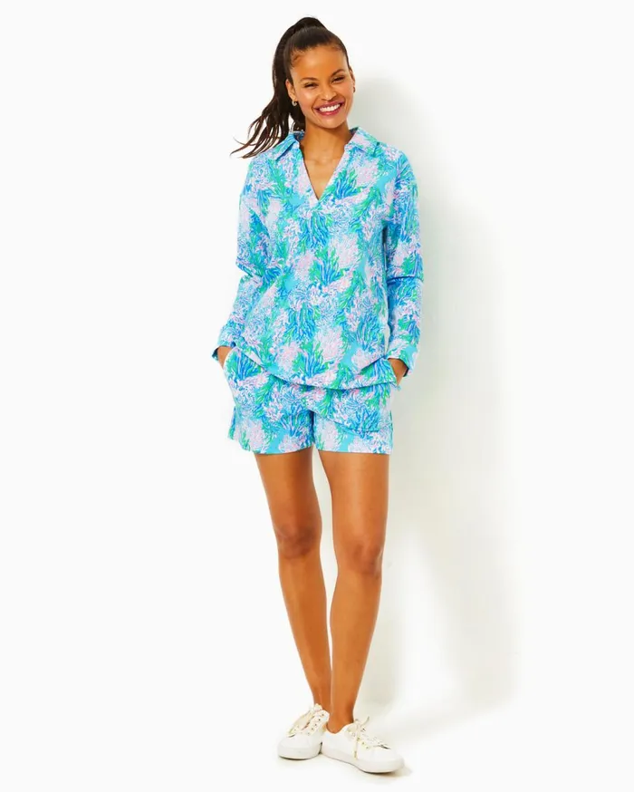 Women Lilly Pulitzer Loungewear Clanton Long Sleeve Top and Loxley Knit Short Set Las Olas Aqua Strong Current Sea