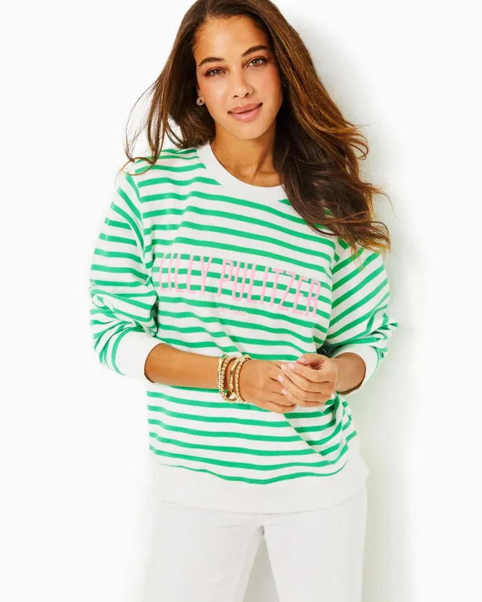 Women Lilly Pulitzer Tops Ballad Cotton Sweatshirt Lunar Blue Striped Lilly Pulitzer Embroidered Sweat