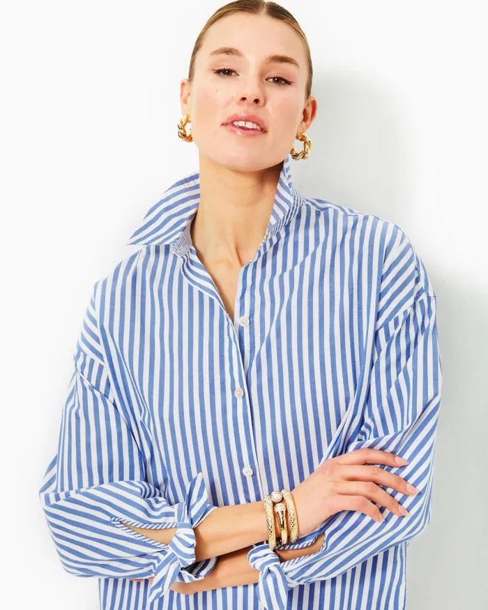 Women Lilly Pulitzer Tops Lesia Relaxed Button Down Shirt Briny Blue Cabana Stripe