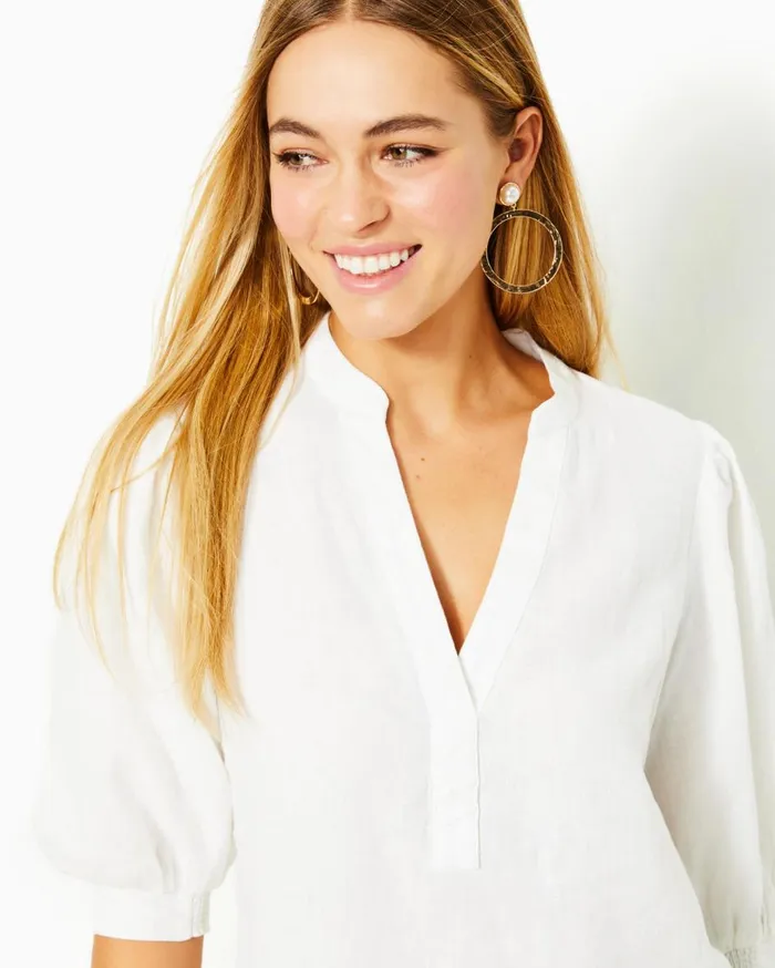 Women Lilly Pulitzer Tops Mialeigh Linen Top Resort White