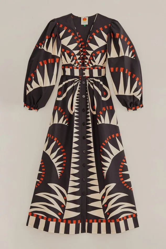 Women Maxi Dresses Farm Rio Black Coconut Grove Puff Sleeve Maxi Dress