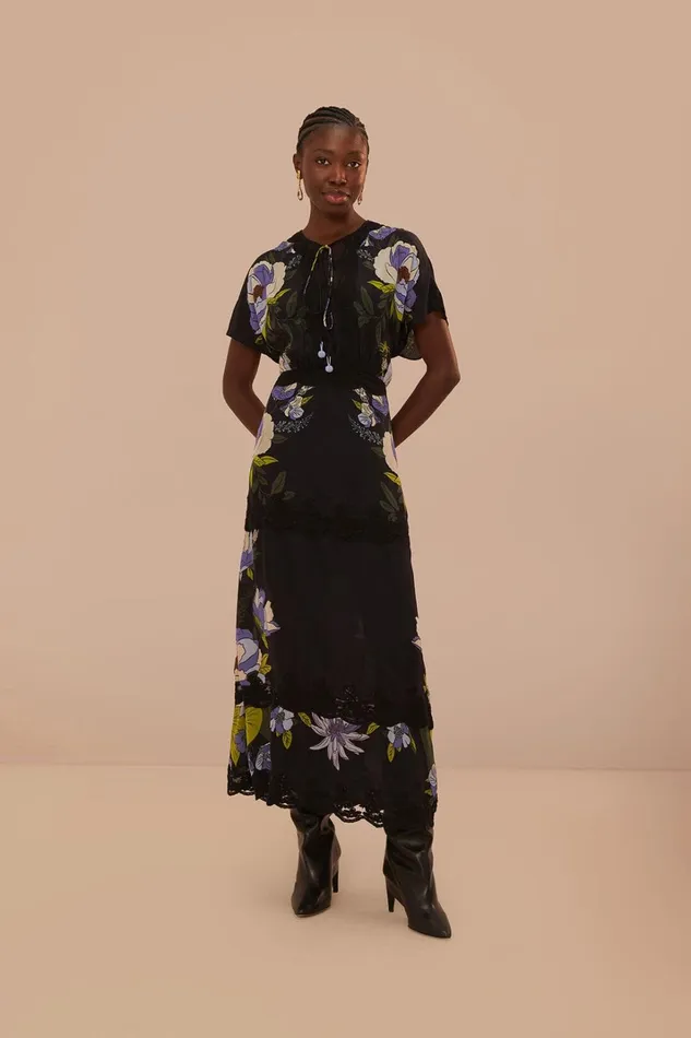 Women Maxi Dresses Farm Rio Black Soft Garden Lace Maxi Dress
