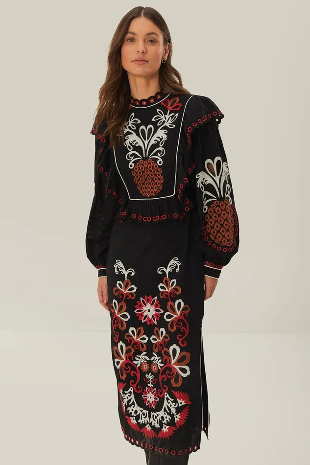 Women Maxi Dresses Farm Rio Cashew Mandala Richilieu Long Sleeve Maxi Dress