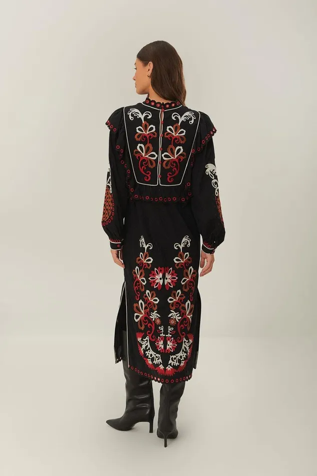 Women Maxi Dresses Farm Rio Cashew Mandala Richilieu Long Sleeve Maxi Dress