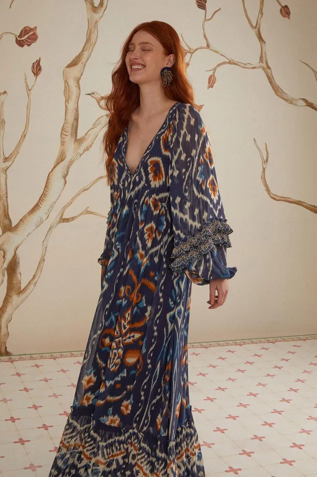 Women Maxi Dresses Farm Rio Pineaple Ikat Blue Maxi Dress
