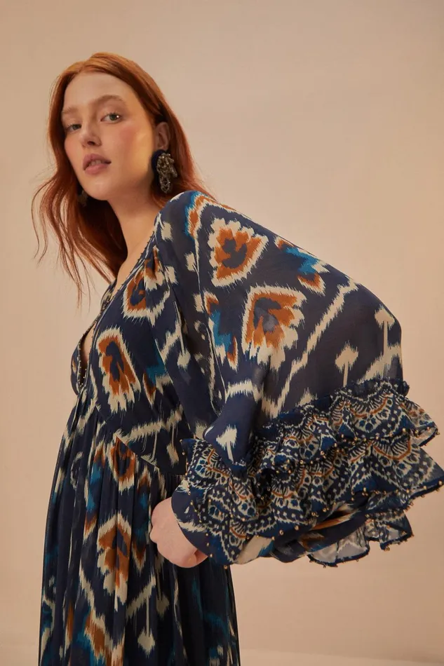 Women Maxi Dresses Farm Rio Pineaple Ikat Blue Maxi Dress