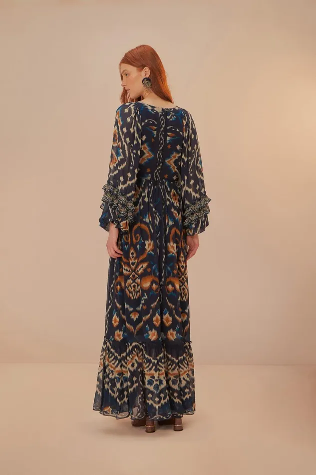 Women Maxi Dresses Farm Rio Pineaple Ikat Blue Maxi Dress