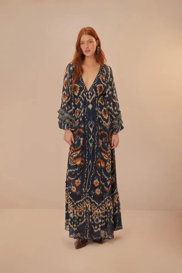 Women Maxi Dresses Farm Rio Pineaple Ikat Blue Maxi Dress