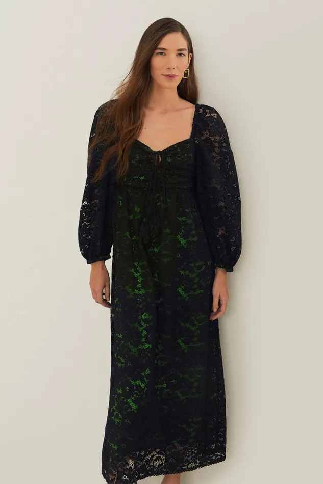 Women Midi Dresses Farm Rio Black Lace Long Sleeve Midi Dress
