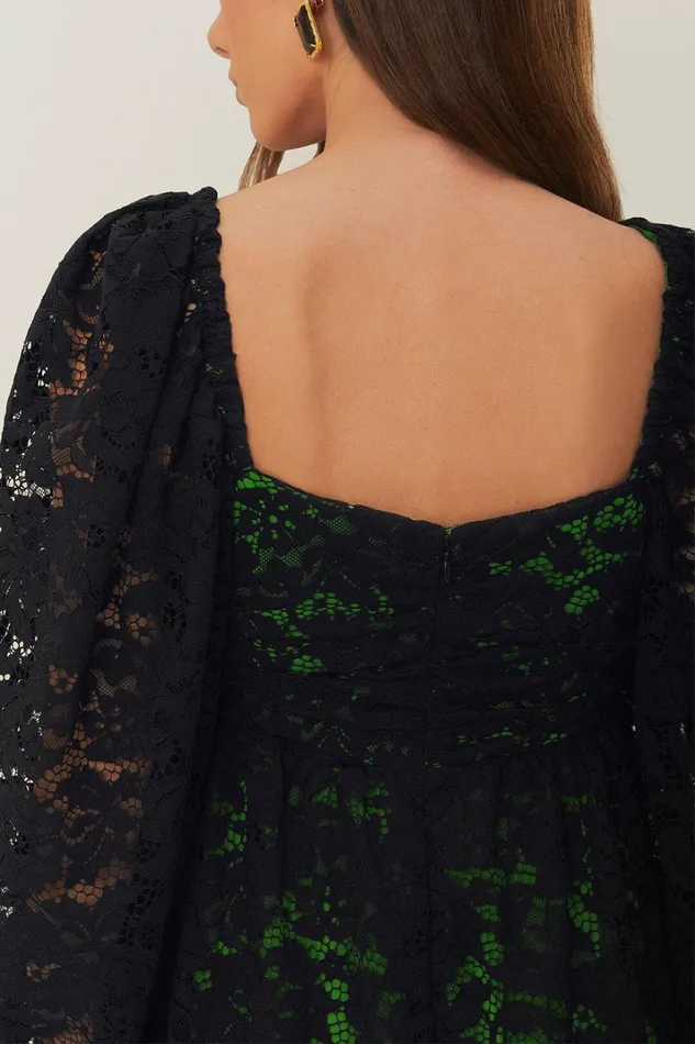 Women Midi Dresses Farm Rio Black Lace Long Sleeve Midi Dress