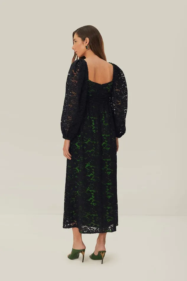 Women Midi Dresses Farm Rio Black Lace Long Sleeve Midi Dress